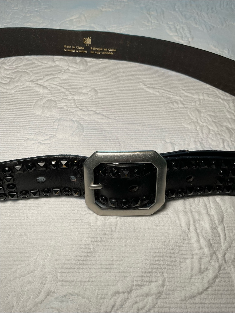 CAbi Black Studded Leather Belt with Silver-Tone Hex Buckle